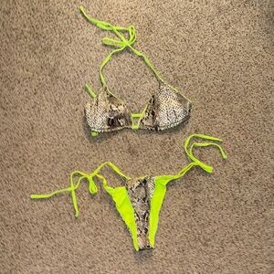 Neon Yellow & Snake Print Tie Bikini Set